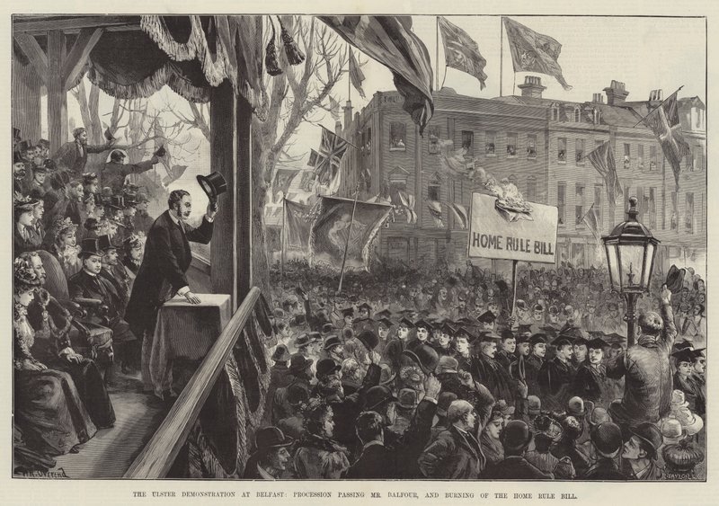 Ulster-demonstrationen i Belfast, procession som passerade Mr Balfour och bränning av hemstyrepropositionen av William Heysham Overend