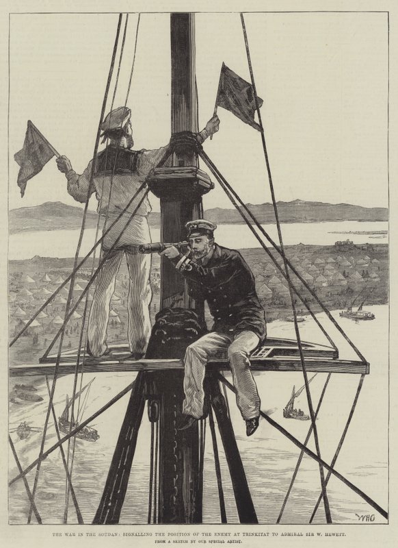 Kriget i Soudan, som signalerar fiendens position vid Trinkitat till amiral Sir W Hewett av William Heysham Overend