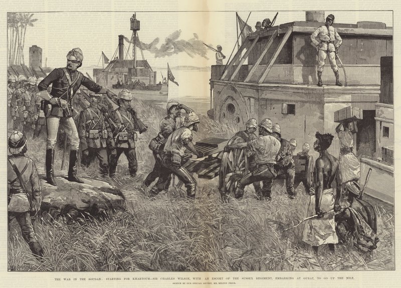 Kriget i Soudan, som börjar för Khartoum, Sir Charles Wilson, med en eskort från Sussex regemente, på väg ombord på Gubat, för att gå uppför Nilen av William Heysham Overend