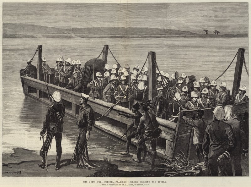 Zulukriget, överste Pearsons kolumn som korsar Tugela av William Heysham Overend