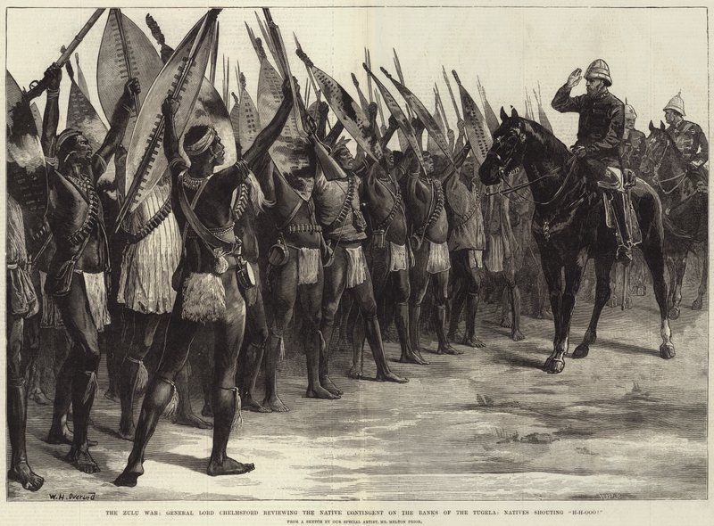 Zulukriget, general Lord Chelmsford granskar den infödda kontingenten på Tugelas bankar, infödda ropar H-H-O-Ooo! av William Heysham Overend