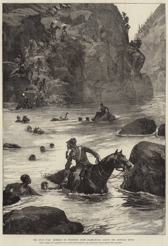 Zulukriget, flyktingarnas reträtt från Isanhlwana över Buffalo River av William Heysham Overend