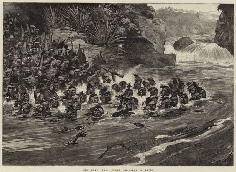 Zulukriget, zuluerna korsar en flod av William Heysham Overend