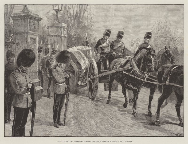 Den avlidne hertigen av Clarence, begravningsprocessionen lämnar Windsor järnvägsstation. av William Heysham Overend
