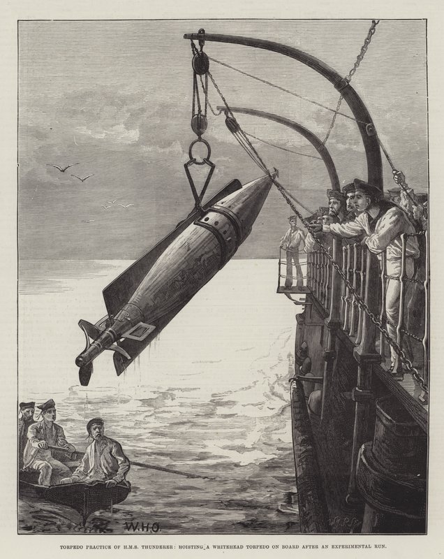 Torpedövning av HMS Thunderer, hissning av en Whitehead-torped ombord efter en försöksrunda. av William Heysham Overend