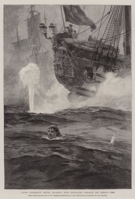 Unga Cloudesley Shovell simmar med sändningar genom fiendens eld av William Heysham Overend