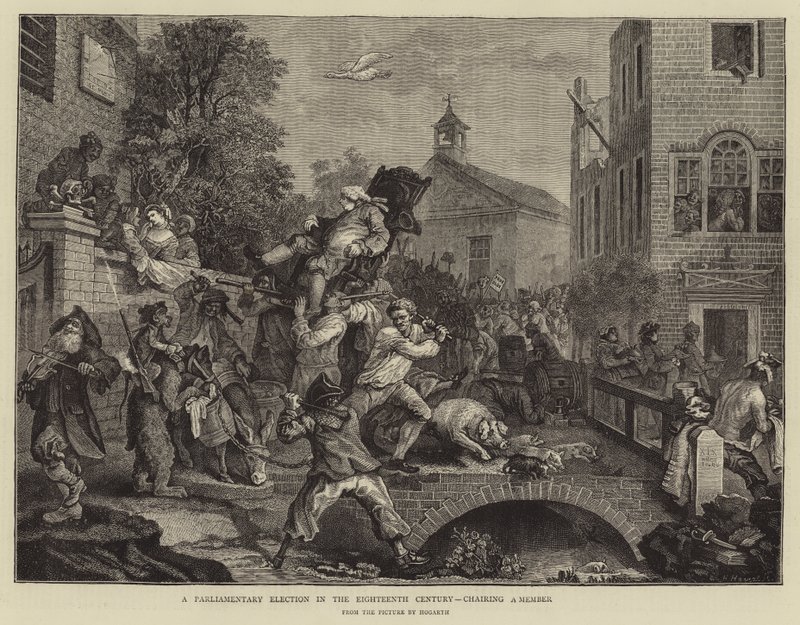 Ett parlamentsval på 1700-talet, ordförande för en ledamot av William Hogarth