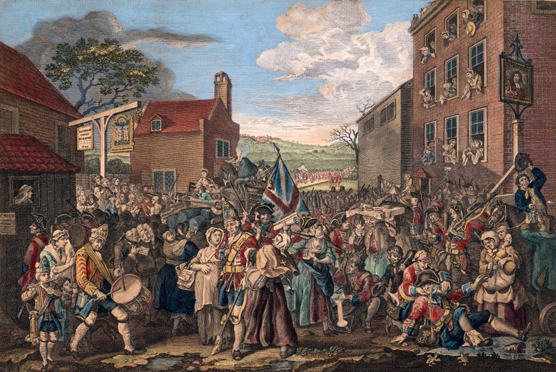 En representation av vakternas mars mot Skottland år 1745 av William Hogarth