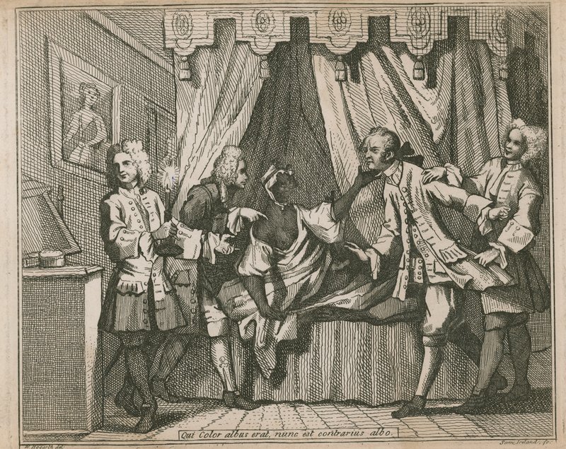 Han som nu var en vit färg är motsatsen till vit; Fyra män konfronterar en svart kvinna i hennes sovrum av William Hogarth