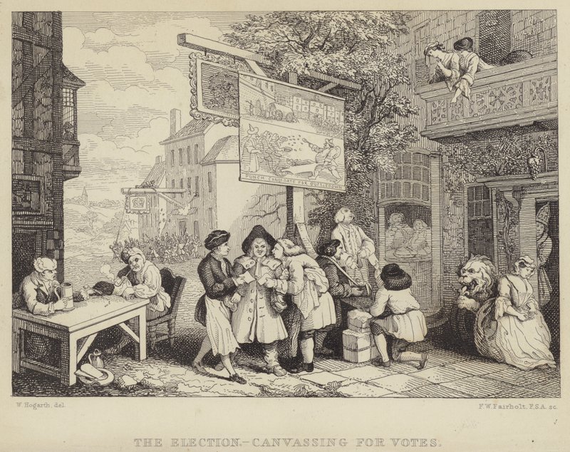 The Election - Canvassing for Votes: satir över parlamentsvalet 1755, ett av en serie på fyra med titeln Humors of an Election av William Hogarth