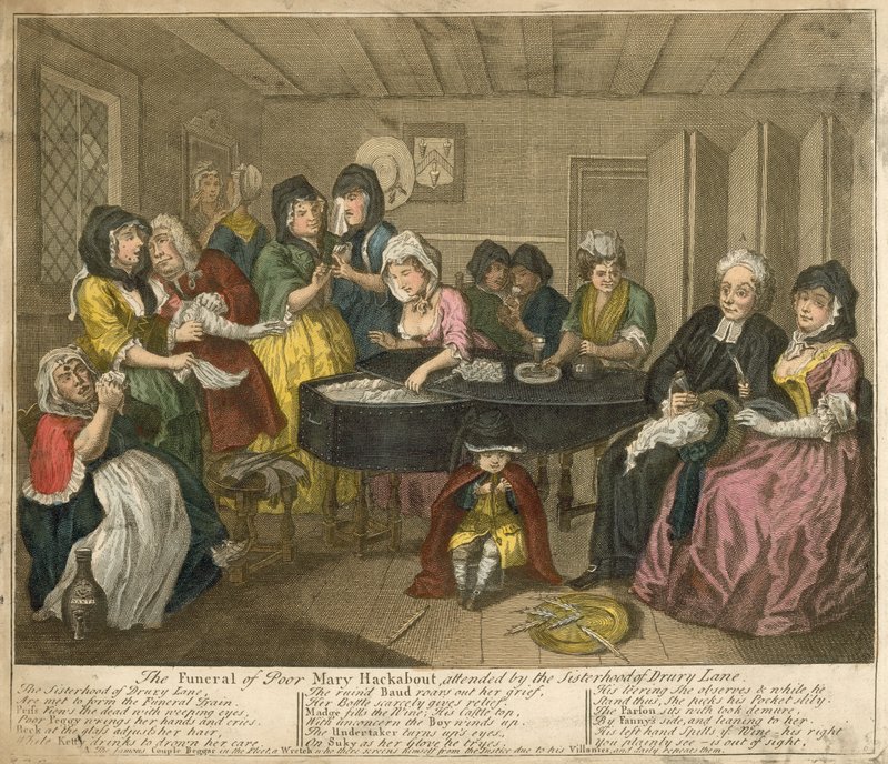 Begravningen av den stackars Mary Hackabout, med deltagande av systerskapet på Drury Lane. av William Hogarth