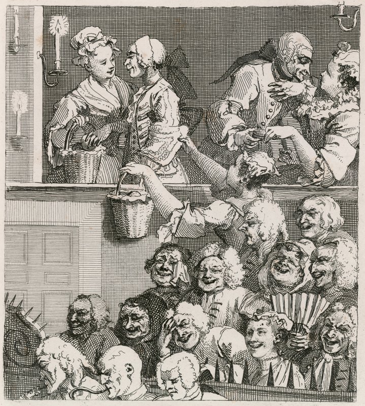 Den skrattande publiken. Hogarths utsikt över Drury Lane med orange töntar 1733 av William Hogarth