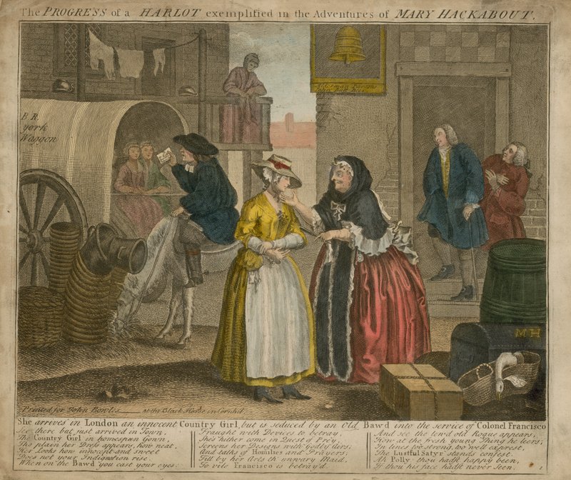 The Progress of a Horlot exemplifieras i Mary Mackabouts äventyr av William Hogarth