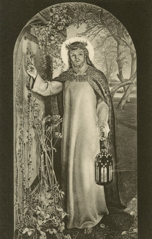 The Light of the World, målning i Keble College, Oxford, Oxfordshire, föreställande Kristus bärande en lykta och knackar på en dörr (s/v foto) av William Holman (after) Hunt