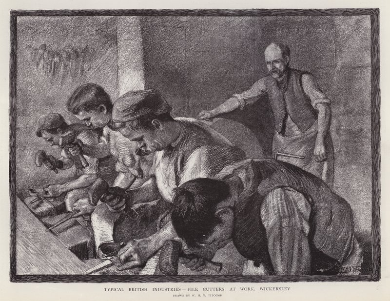 Filskärare på jobbet, Wickersley, South Yorkshire (litho) av William Holt Yates (after) Titcomb