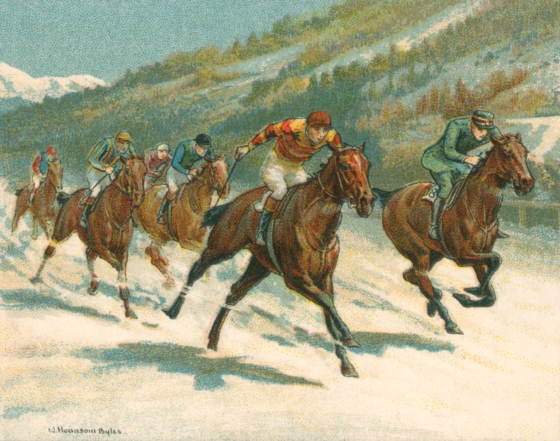 Historiska och moderna lopp, Flat Racing (häst) på is (chromolitho) av William Hounsom Byles