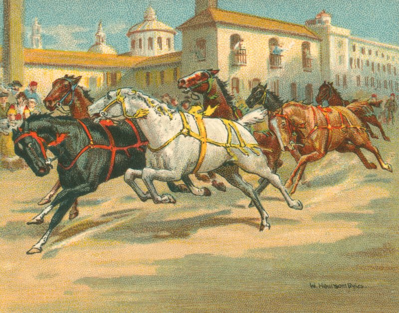 Tävlar historiska och moderna, ryttarelösa hästkapplöpningar i Italien (chromolitho) av William Hounsom Byles