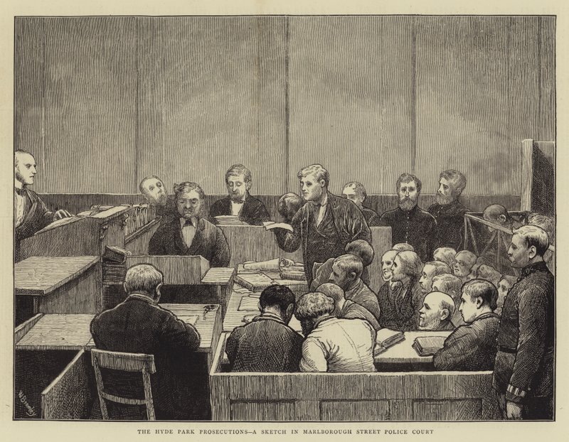 Hyde Park-processerna, en skiss från Marlborough Street Police Court av William III Bromley