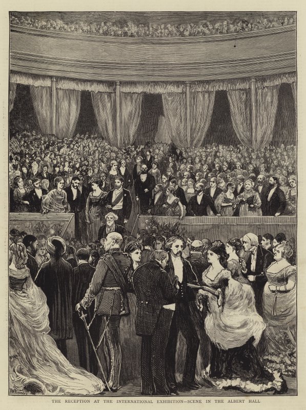 Mottagningen på den internationella utställningen, scen i Albert Hall gravyr av William III Bromley