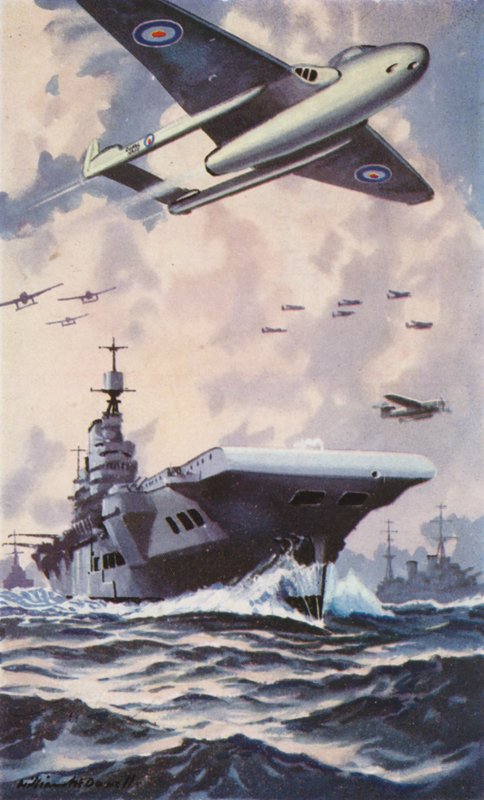 Brittiskt hangarfartyg (färg litho) av William John Patton McDowell