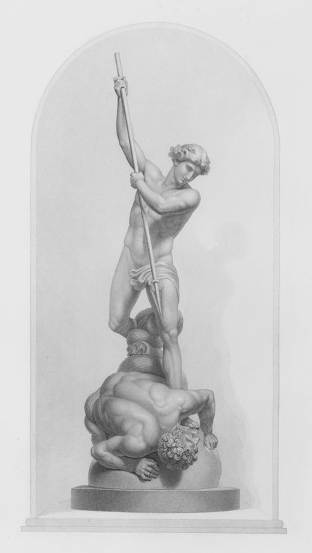 Michael och Satan, från gruppen i marmor av Flaxman, RA, graverad av W Roffe (gravyr) av William John Roffe