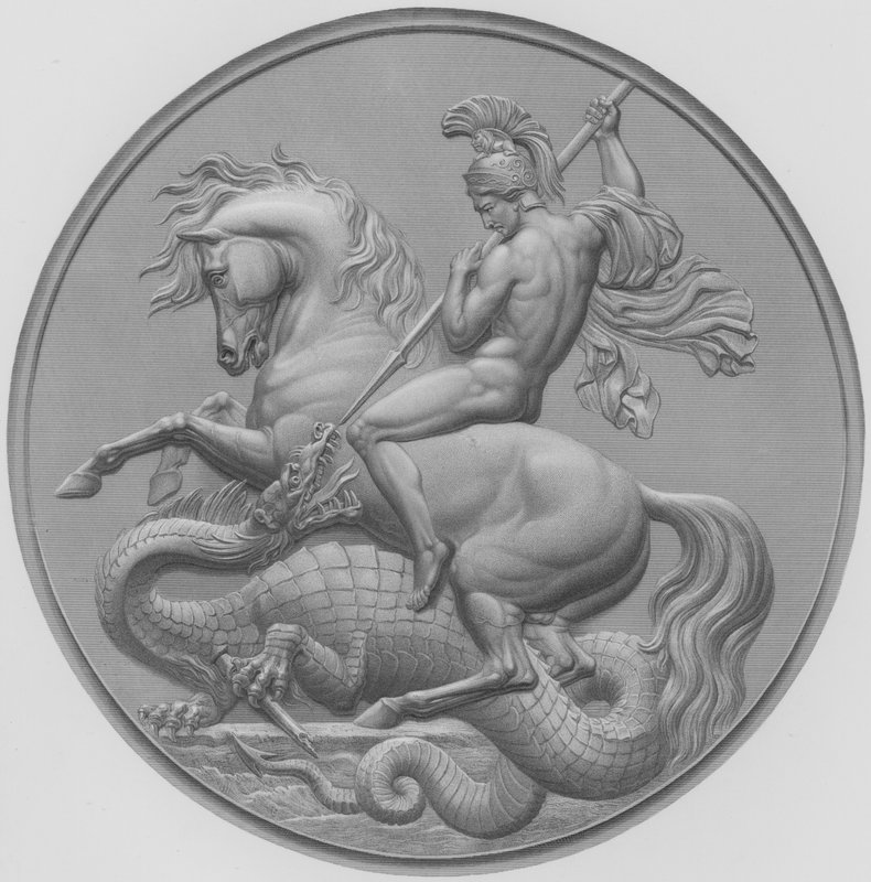 St George, från medaljen av W Wyon, RA, avrättad för Hans Kungliga Höghet Prins Albert, graverad av W Roffe efter en teckning av F Roffe (gravyr) av William John Roffe