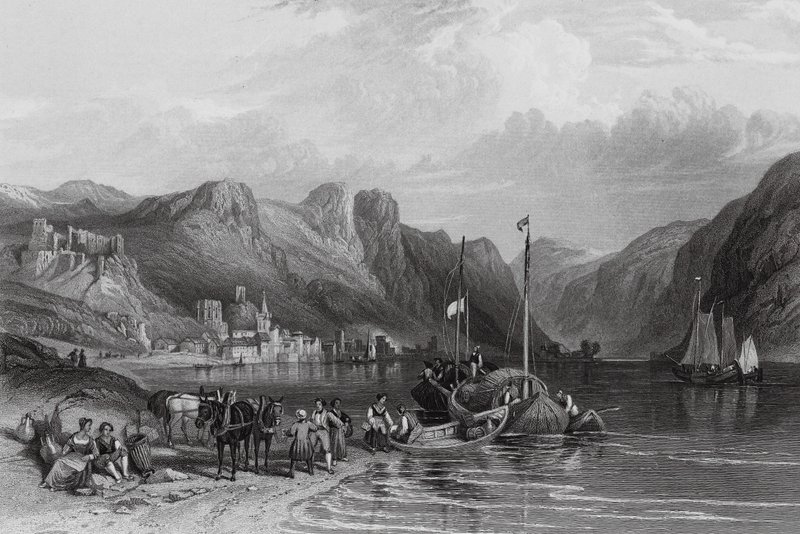 Bacharach, vid floden Rhen (gravyr) av William Leighton (after) Leitch