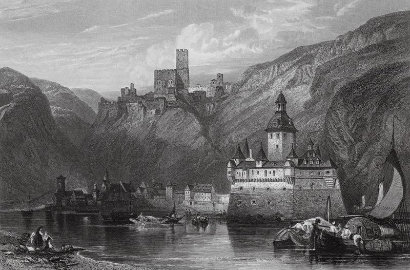 Caub, Gutenfels slott, och Pfalz, Rhen (gravyr) av William Leighton (after) Leitch