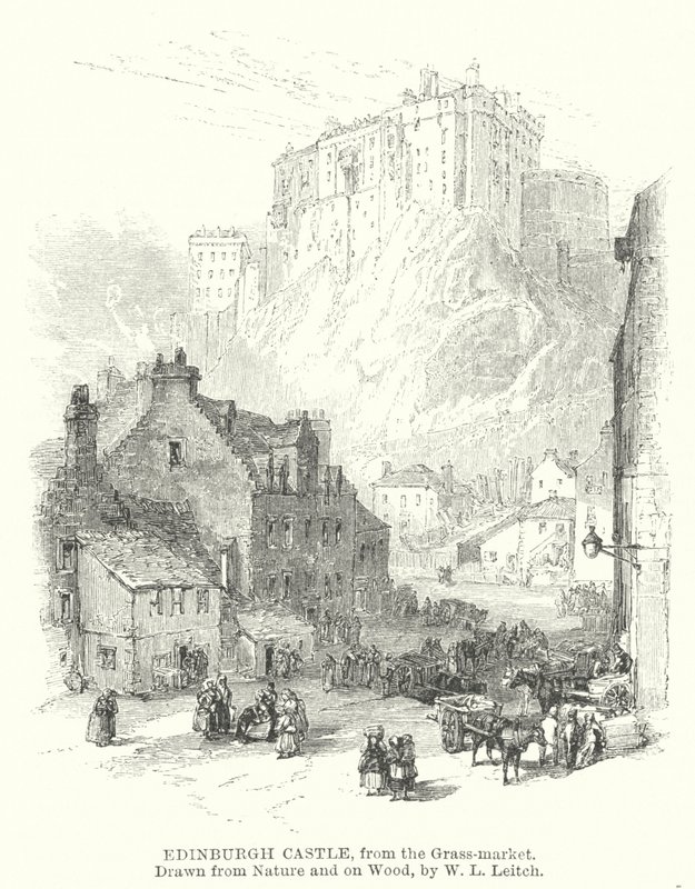 Edinburgh Castle, från Grass-market (gravyr) av William Leighton (after) Leitch