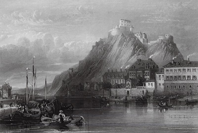 Fästningen Ehrenbreitstein vid Rhen (gravyr) av William Leighton (after) Leitch