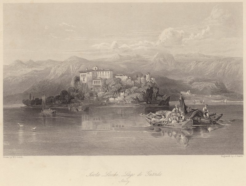 Isola Lechi, Gardasjön, Italien (gravyr) av William Leighton (after) Leitch