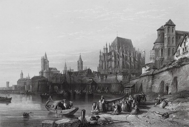 Staden Köln vid floden Rhen (gravyr) av William Leighton (after) Leitch