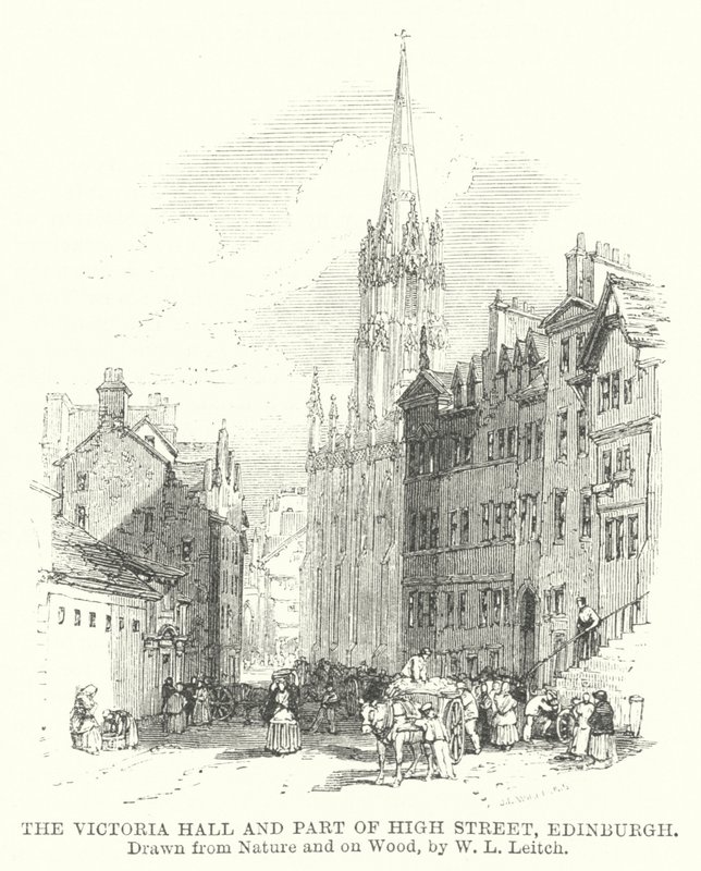 Victoria Hall och en del av High Street, Edinburgh (gravyr) av William Leighton (after) Leitch