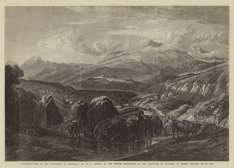 Morning, View in the Highlands of Braemar, i vinterutställningen av Institute of Painters in Water Colours av William Leighton Leitch