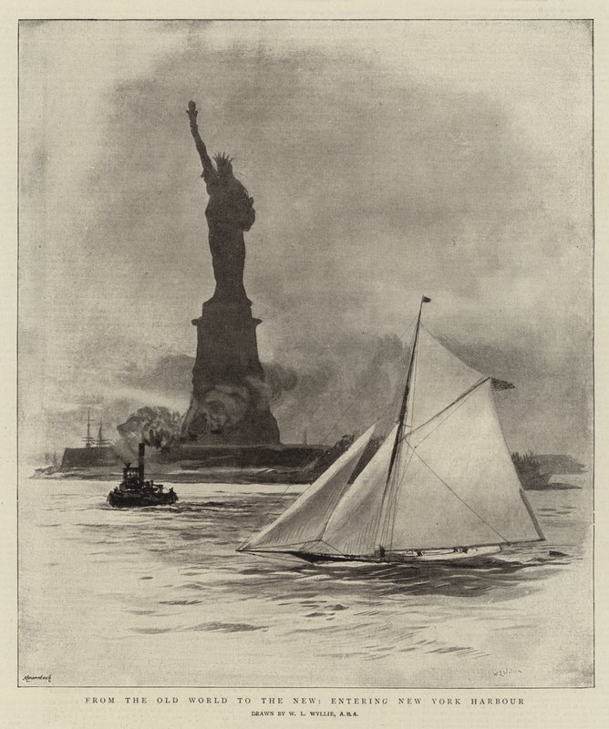 Från den gamla världen till den nya, in i New Yorks hamn av William Lionel Wyllie