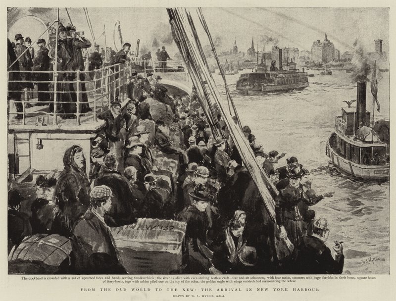 Från den gamla till den nya världen, ankomsten till New Yorks hamn av William Lionel Wyllie