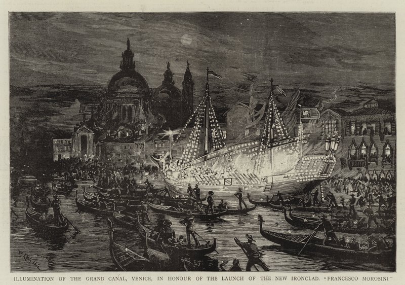 Belysning av Canal Grande, Venedig, för att hedra lanseringen av New Ironclad, Francesco Morosini av William Lionel Wyllie