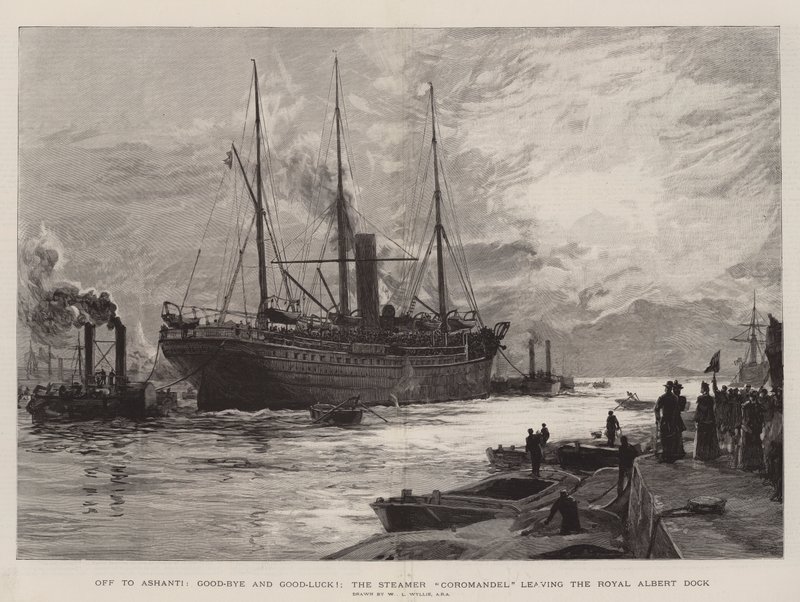 Iväg till Ashanti, Good-Bye and Good-Luck!, ångbåten Coromandel lämnar Royal Albert Dock av William Lionel Wyllie