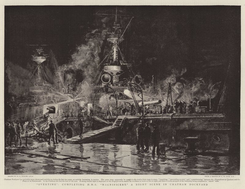 Övertid, avslutar HMS Magnificent, en nattscen i Chatham Dockyard av William Lionel Wyllie