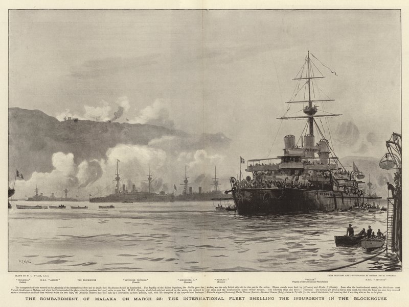 Bombardementet av Malaxa den 23 mars, den internationella flottan beskjuter upprorsmännen i blockhuset av William Lionel Wyllie
