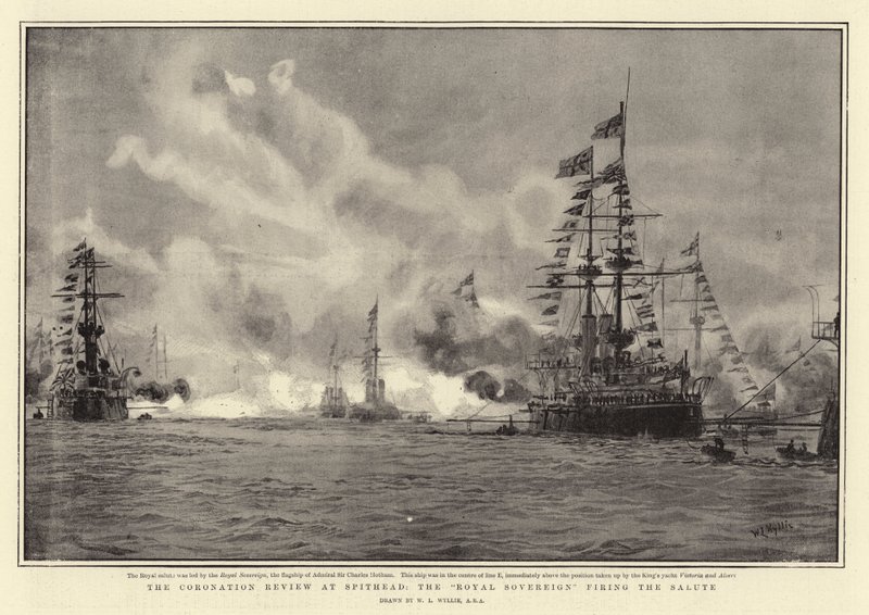 The Coronation Review på Spithead, Royal Sovereign avfyrar saluten av William Lionel Wyllie