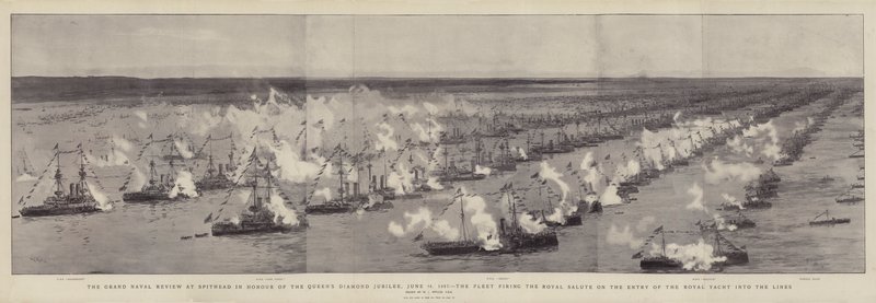 Grand Naval Review på Spithead till ära av drottningens diamantjubileum, 26 juni 1897, flottan avfyrade Royal Salute på Royal Yachts intåg i linjerna av William Lionel Wyllie