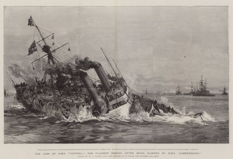 Förlusten av HMS Victoria, flaggskeppet som sjunker efter att ha blivit rammat av HMS Camperdown av William Lionel Wyllie