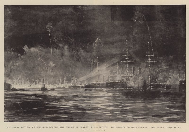 Naval Review på Spithead inför prinsen av Wales för att hedra drottningens diamantjubileum, flottan upplyst av William Lionel Wyllie