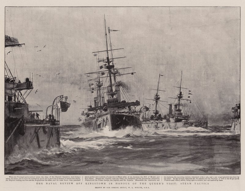 Naval Review utanför Kingstown för att hedra drottningens besök, Steam Tactics av William Lionel Wyllie
