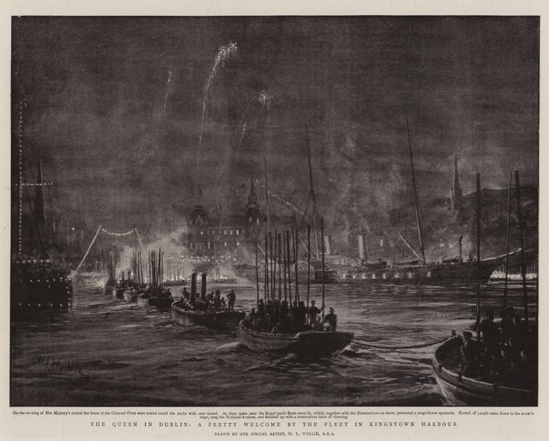 Drottningen i Dublin, ett vackert välkomnande av flottan i hamnen i Kingstown av William Lionel Wyllie