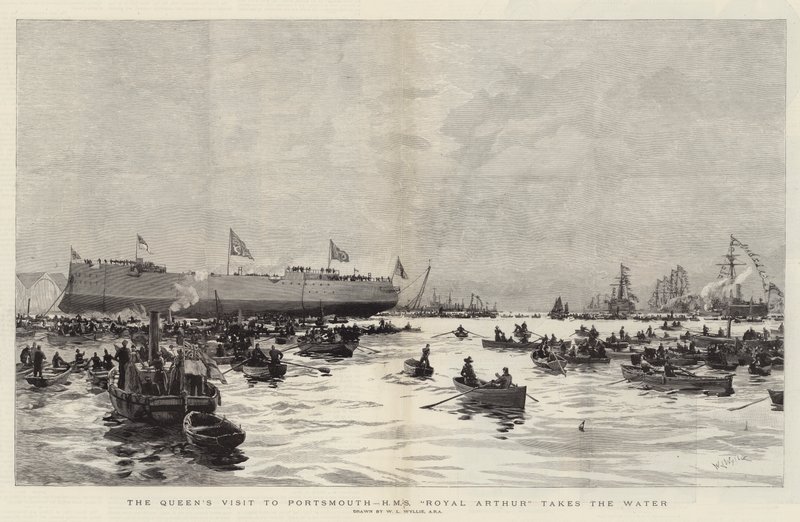 Drottningens besök i Portsmouth, HMS Royal Arthur tar sig ut i vattnet av William Lionel Wyllie