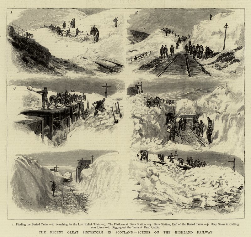 Den senaste stora snöstormen i Skottland, scener på Highland Railway av William Lionel Wyllie