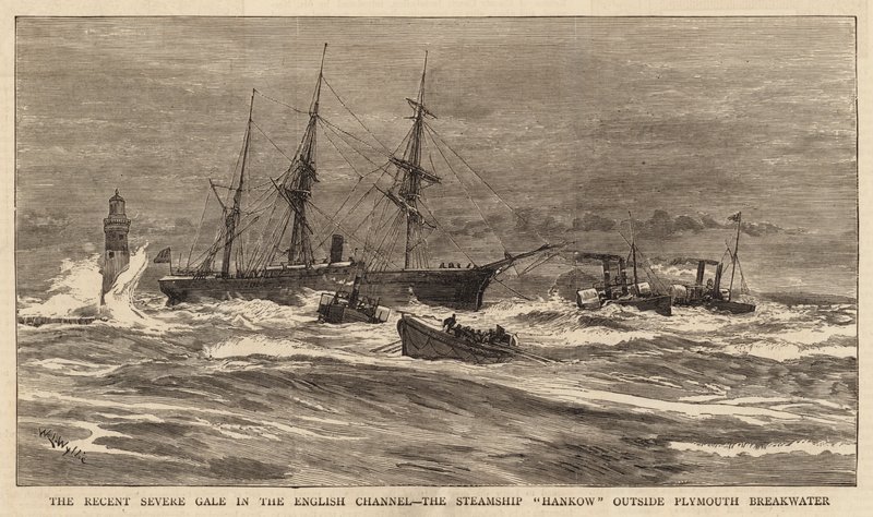 Den senaste svåra kulningen i Engelska kanalen, ångfartyget Hankow utanför Plymouth Breakwater av William Lionel Wyllie