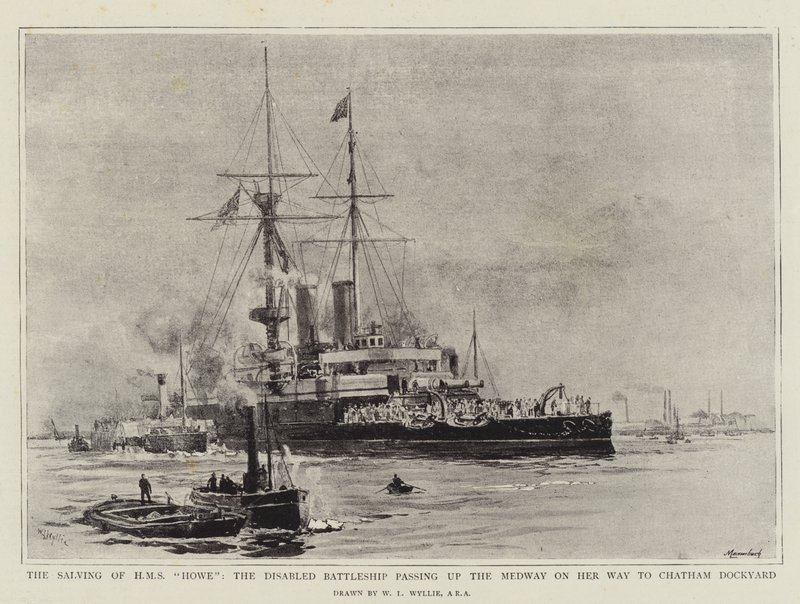 Salving av HMS Howe, det handikappade slagskeppet som passerar Medway på väg till Chatham Dockyard av William Lionel Wyllie